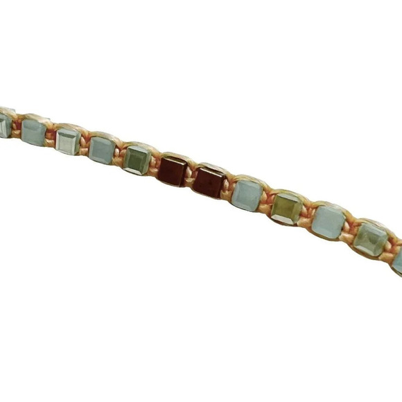 Square Glass Beaded Braided Hippie Surfer Boho Necklace Blue, Gold, Beige - Picture 2 of 4